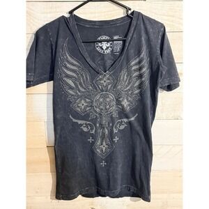 Affliction Live Fast Womens L Faded Black Studded Cross Wings V-Neck Shirt